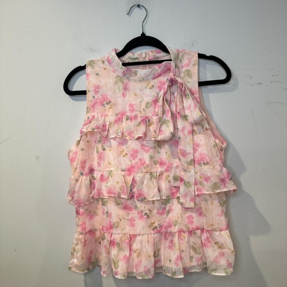 Romantic tiered layered floral top bay pink ruffle top tie neck LARGE - Picture 3 of 8